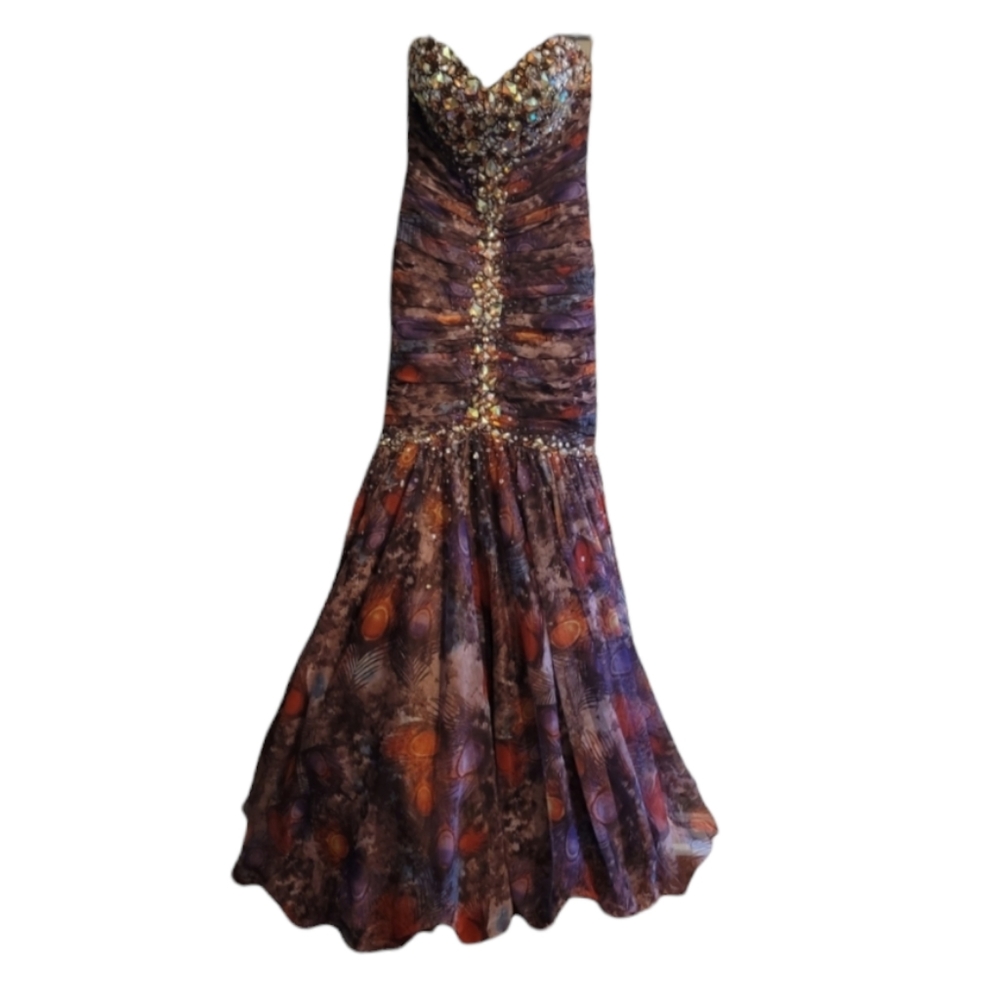 Jovani Mermaid Peacock Feather Beaded Jeweled Crystal Rhinestone Gem Gown